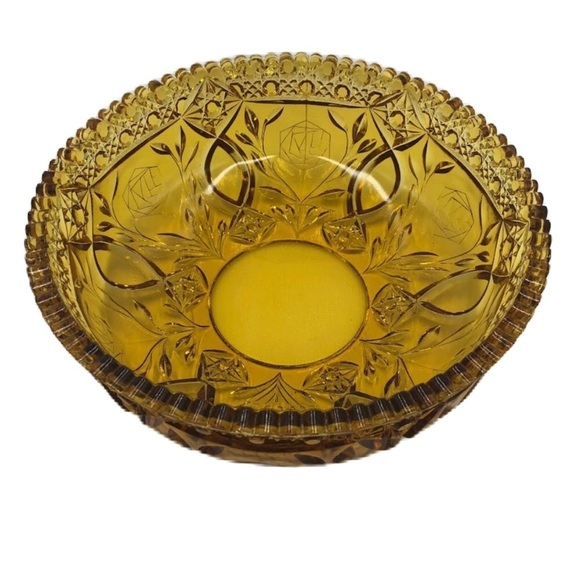 Vintage Amber Yellow Gold Glass Centerpiece Ornate Decorative Bowl Scalloped Rim - Picture 1 of 8